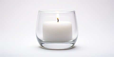 Transparent glass with a white candle, displayed on a white background, representing a sample or model.
