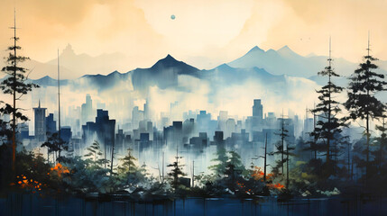 Asian Urban Symphony: City Skyline with Mountains, Forest, and Colorful Sky in an Artistic Watercolor Style