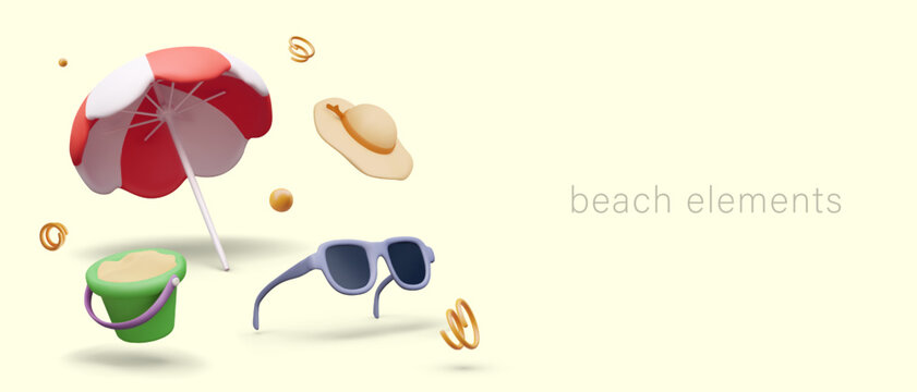 Composition with beach elements. Realistic sunglasses, hat, sun umbrella in white and red colors, and sand bucket. Vector illustration in 3d cartoon style with place for text