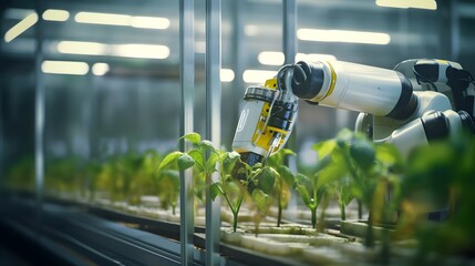 Smart farming, automated industrial robotic arm picking up plants in a greenhouse, industrial scale