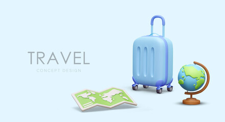 Concept of traveling around world. Huge blue suitcase, globe, map. Concept on colored background. Vacations in different continents and countries. Tourist business
