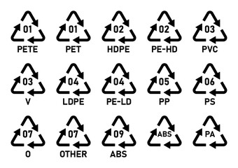 All plastic recycling code icon set. Plastic recycling code symbol icons isolated on white background. Plastic recycling codes- 01 PET, 02 HDPE, 03 PVC, 04 LDPE, 05 PP, 06 PS, 07 OTHER, 09 ABS, PA.