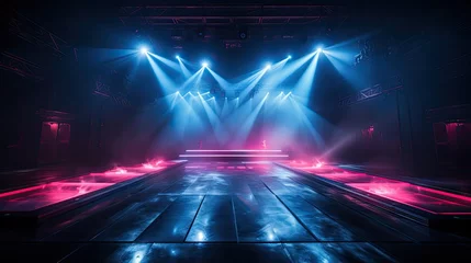 Fotobehang Background Large empty stage for shows with neon lighting and haze © vladico