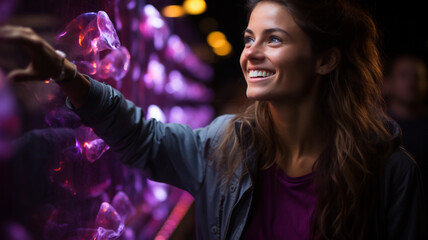 Happy woman points to the side black background purple colors neon