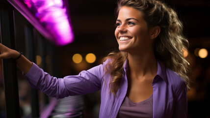 Happy woman points to the side black background purple colors neon
