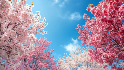 Scene that symbolizes the arrival of spring, with blossoming trees and a clear blue sky