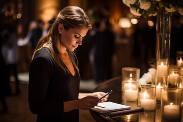 Young woman writing in a notebook in a restaurant with candles in the background