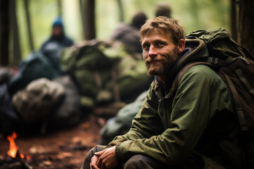 Fototapeta premium Hiker sitting on the ground in the forest and looking at the camera