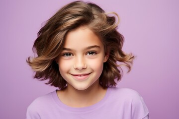 beauty, people and health concept - smiling teenage girl over violet background