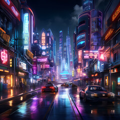 Fototapeta na wymiar Neon-lit street in a bustling cyberpunk city