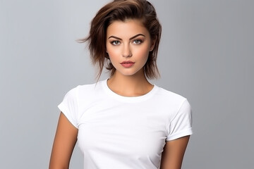 Fototapeta premium Woman in White Tshirt Mockup created with Generative AI