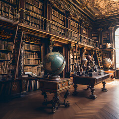 Old library with dusty books and antique globes