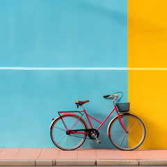 Retro bicycle leaning against a colorful wall.