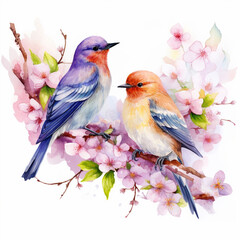 Spring birds on cherry blossom branches. Isolated watercolor illustration