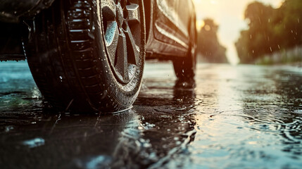 rainy weather tire operation on the road, seasonal tires, car tire store - obrazy, fototapety, plakaty