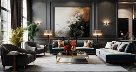
A modern luxurious room with beautiful large sofas and plants.