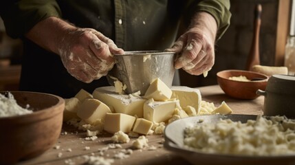 Artisan hands grating fresh cheese in a rustic kitchen setting, with flour and kitchenware, conveying a sense of tradition and craftsmanship.