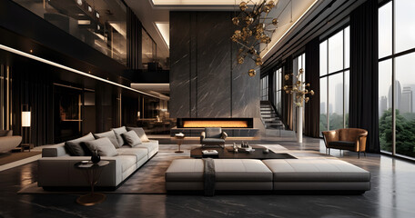 
A modern luxurious room with beautiful large sofas and plants. - Powered by Adobe