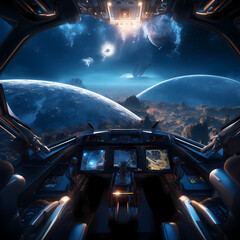 Spaceship cockpit with a view of distant planets