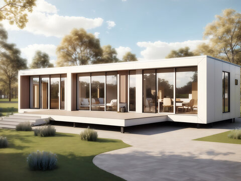 Modular houses with a single-floor design and expansive windows that offer wide views. These houses are constructed using sandwich panels. 3D Rendering