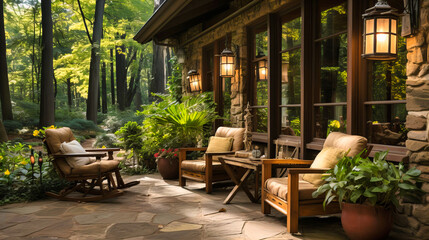Fototapeta na wymiar Porch Serenity: Wooden Patio Furniture, Greenery, and a Relaxing Outdoor Space for Ultimate Leisure.