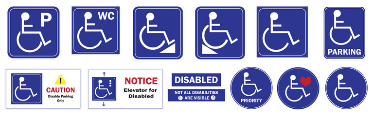 Disable Sticker Vector Set Blue and White Disable Symbol Illustration Handicap Wheelchair Icon