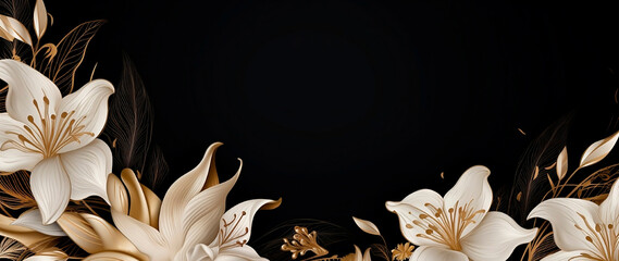 Background with Luxury golden lily flower Close-up of white lily flowers on black background. Condolences postcard.