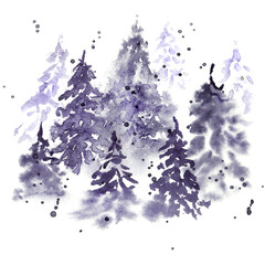 Coniferous forest of fir trees with splashes in a painting technique
