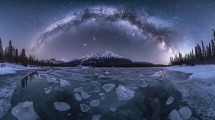 glacier flowing into a frozen lake, with icebergs floating on the surface, surrounded by dense pine forests under a starry night sky - Powered by Adobe
