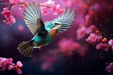 Obraz premium Close up of flying colorful tropical bird in the air on a blooming tree background on a rainy weather.