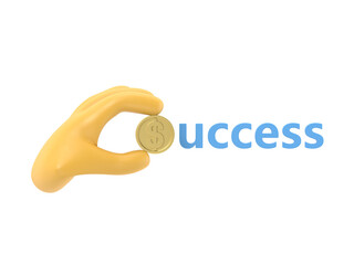 Cartoon Gesture Icon Mockup.hand carry coin as S alphabet and white chalk write 'uccess' that is "success".Supports PNG files with transparent backgrounds.
