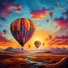 Vibrant hot air balloons against a sunrise sky.