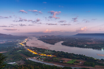 Aerial view of Sangkhom District along the Mekong River. View from the Skywalk observation deck Wat Pha Tak Suea in the early morning. - 712451171