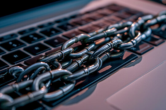A laptop with metal chains around it, depicting the concept of ransom ware, cyber security, or password protection