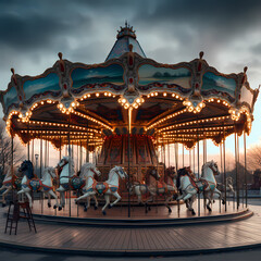 Vintage carousel in an empty amusement park.