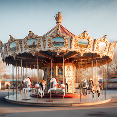 Vintage carousel in an empty amusement park.