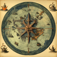 Fototapeta na wymiar Vintage map with compass rose and sea monsters.