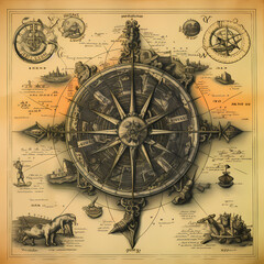 Vintage map with compass rose and sea monsters.