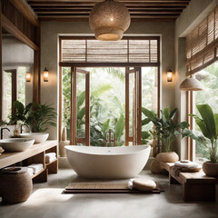 Luxurious bathroom in jungle surrounding. Luxury interior bathroom modern bathtub and green exotic plants palms leaves in villa. Bali hotel spa concept. Exotical vacations, body and skin care concept