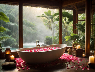 Luxurious bathroom in jungle surrounding. Luxury interior bathroom modern bathtub and green exotic plants palms leaves in villa. Bali hotel spa concept. Exotical vacations, body and skin care concept