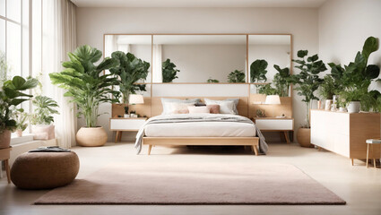 Elegance baige light colors stylish bedroom in daytime.  Comfortable fullwall windor room with modern simply minimalism style furniture, home plants and big mirror.  Real estate and interior design.