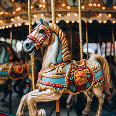 Fototapeta na wymiar Whimsical carousel with brightly painted horses.