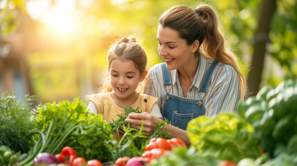Mother and daughter having fun with the vegetables, Happy time in the kitchen, Cooking Success. Joyful Mom And Little Daughter Preparing Dinner And Giving High Five, Having Fun In Modern Kitchen  - obrazy, fototapety, plakaty