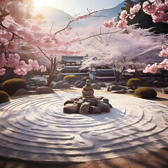 Zen garden with blooming cherry blossoms 