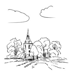 Sketch of pointed spire of a church surrounded by trees, Drawing of Skerike church outside Västerås in Sweden, Hand drawn vector illustration