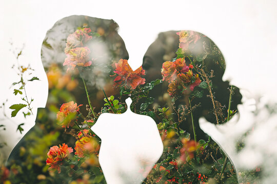 Double exposure photo of a couple kissing and flowers, romance and love concept