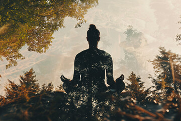 Double exposure photo of a woman meditating and nature, meditation, mindfulness concept, stress relief, self-care, spirituality - obrazy, fototapety, plakaty