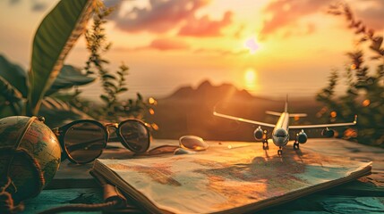 Travel concept. Airplane model, world map and sunglasses on wooden table with sunset sky background