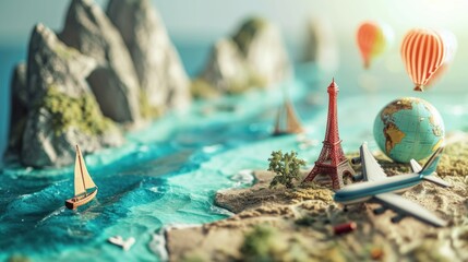 Miniature model of Eiffel Tower on the world map. Travel concept