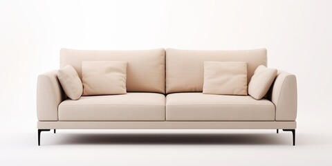 Contemporary beige sofa with black metal legs on white background, front view. Minimalist furniture, interior design.